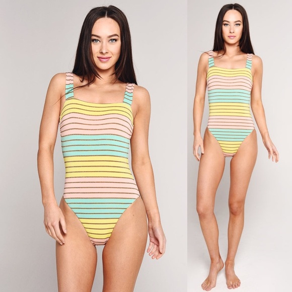 Trina Turk Lurex Stripe High Leg Maillot One Piece Multicolor Swimsuit - Picture 1 of 10